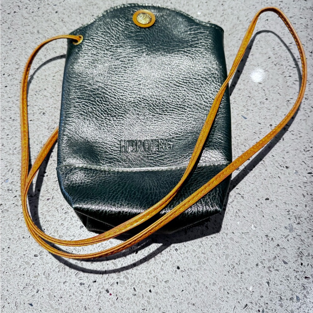 Vintage Green Leather Crossbody Bag with Tan Strap